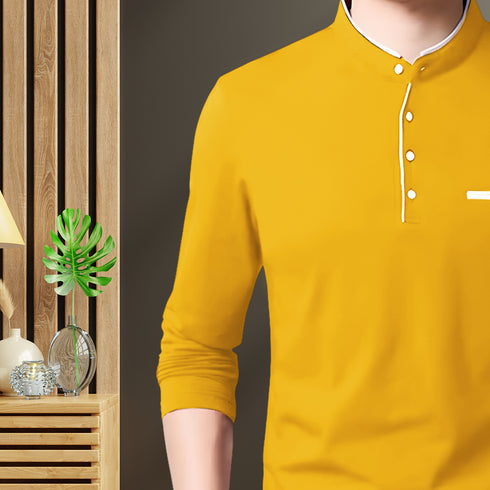 Men Mustard Yellow Henley Full Sleeve T-Shirt